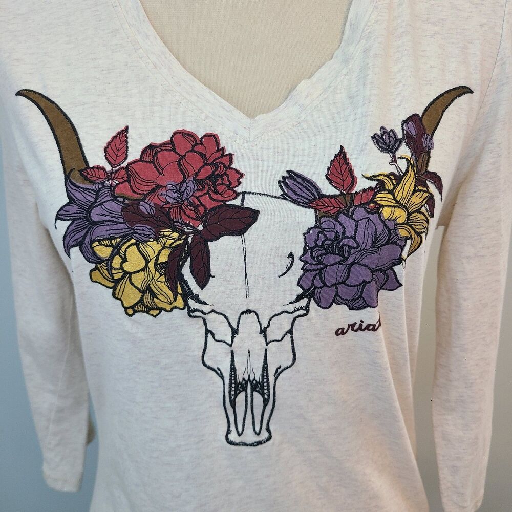 Ariat Womens M Elara Top Sandshell Heather Floral Cattle Skull Ranch Southwestrn - Picture 6 of 10